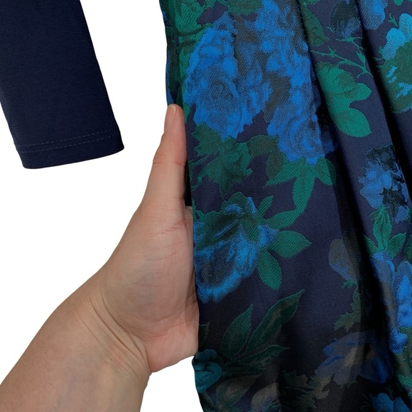 Eliza J Dress Womens Sz 4 Small Navy Blue Green Floral Fall Wedding Event Modest - Picture 7 of 10